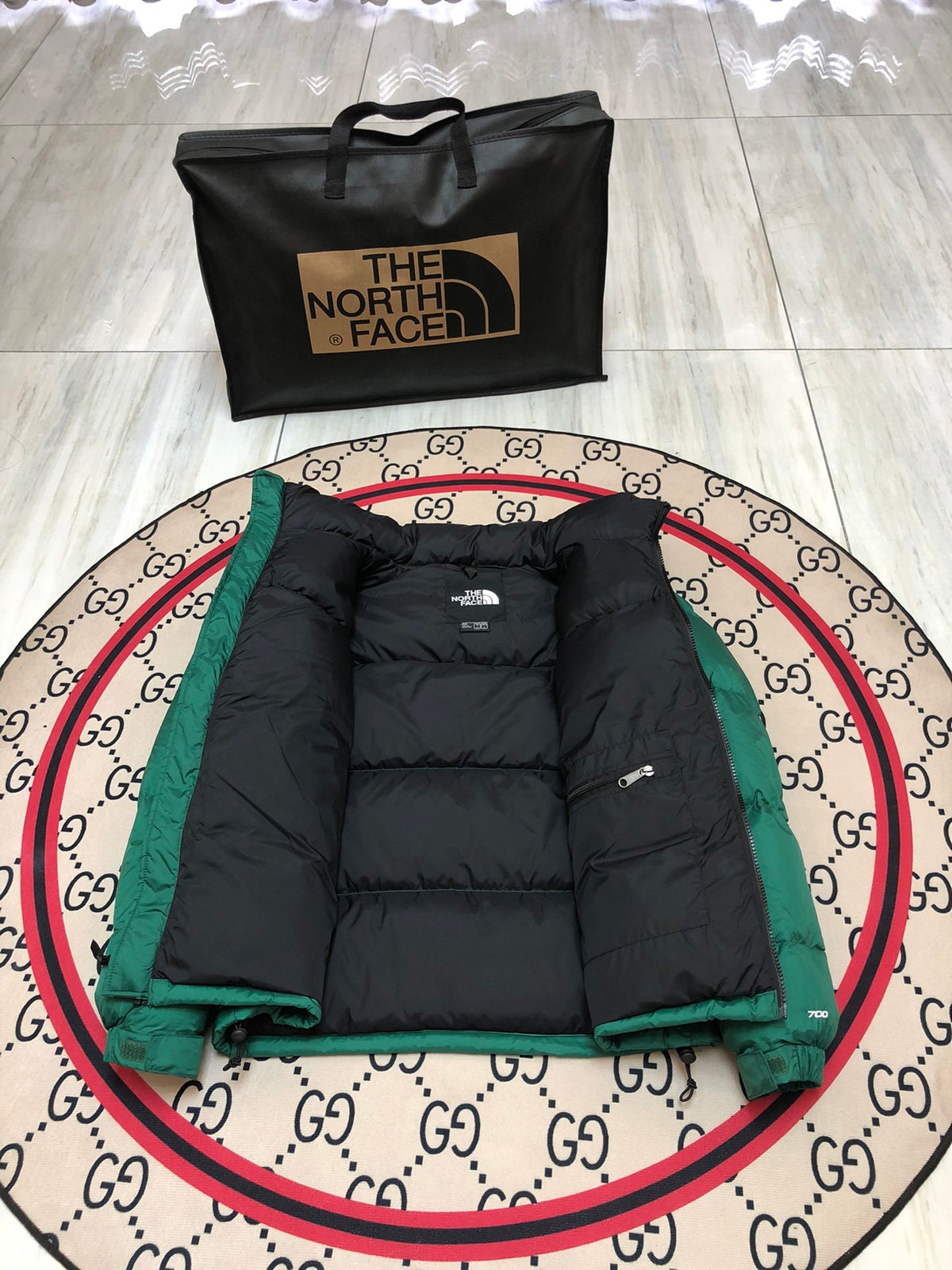 The North Face Emerald Green and Black Colorblock Stand Collar Puffer Jacket
