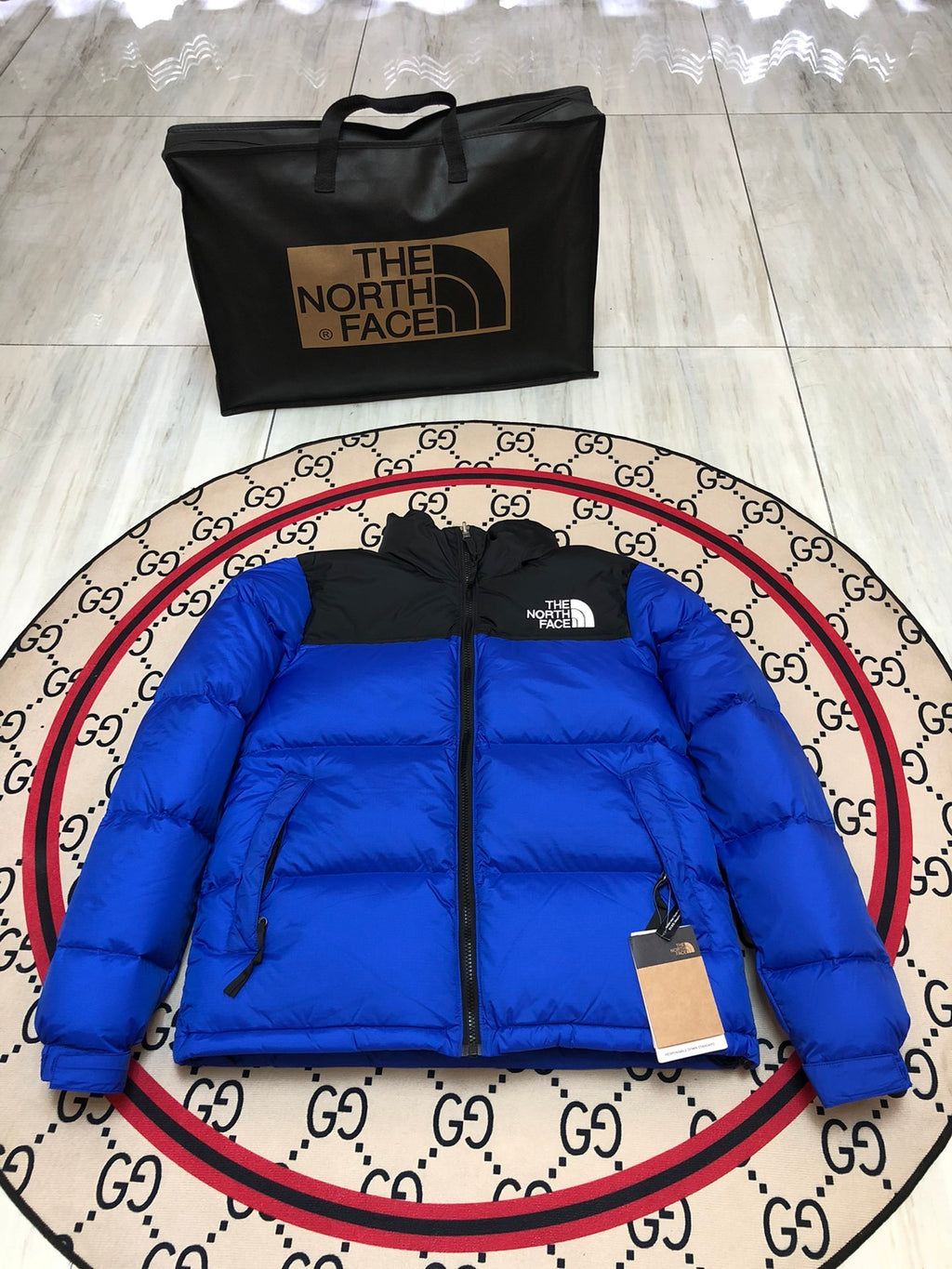 The North Face Royal Blue and Black Colorblock Stand Collar Puffer Jacket
