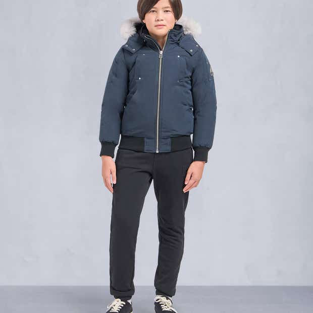 Moose Knuckles Navy Blue White Fur-Trim Hooded Bomber Jacket