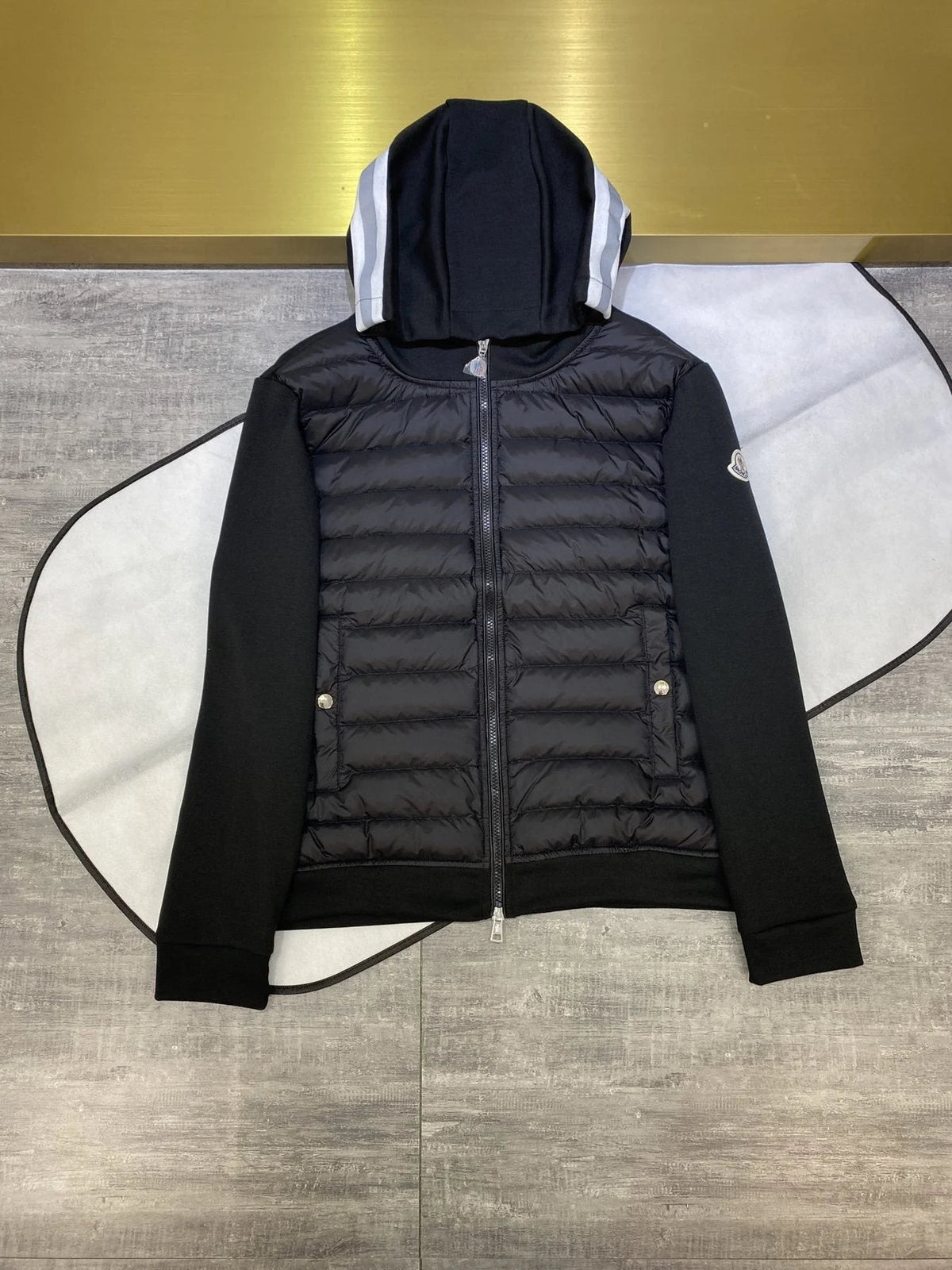 Moncler Black Quilted Front Striped Hood Jacket