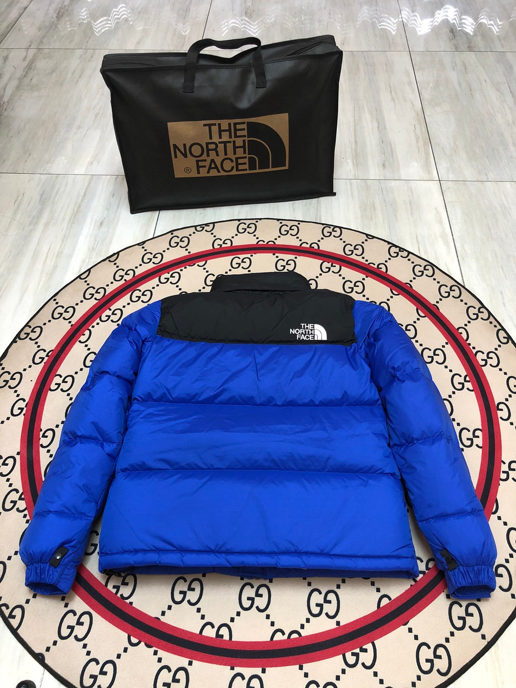 The North Face Royal Blue and Black Colorblock Stand Collar Puffer Jacket