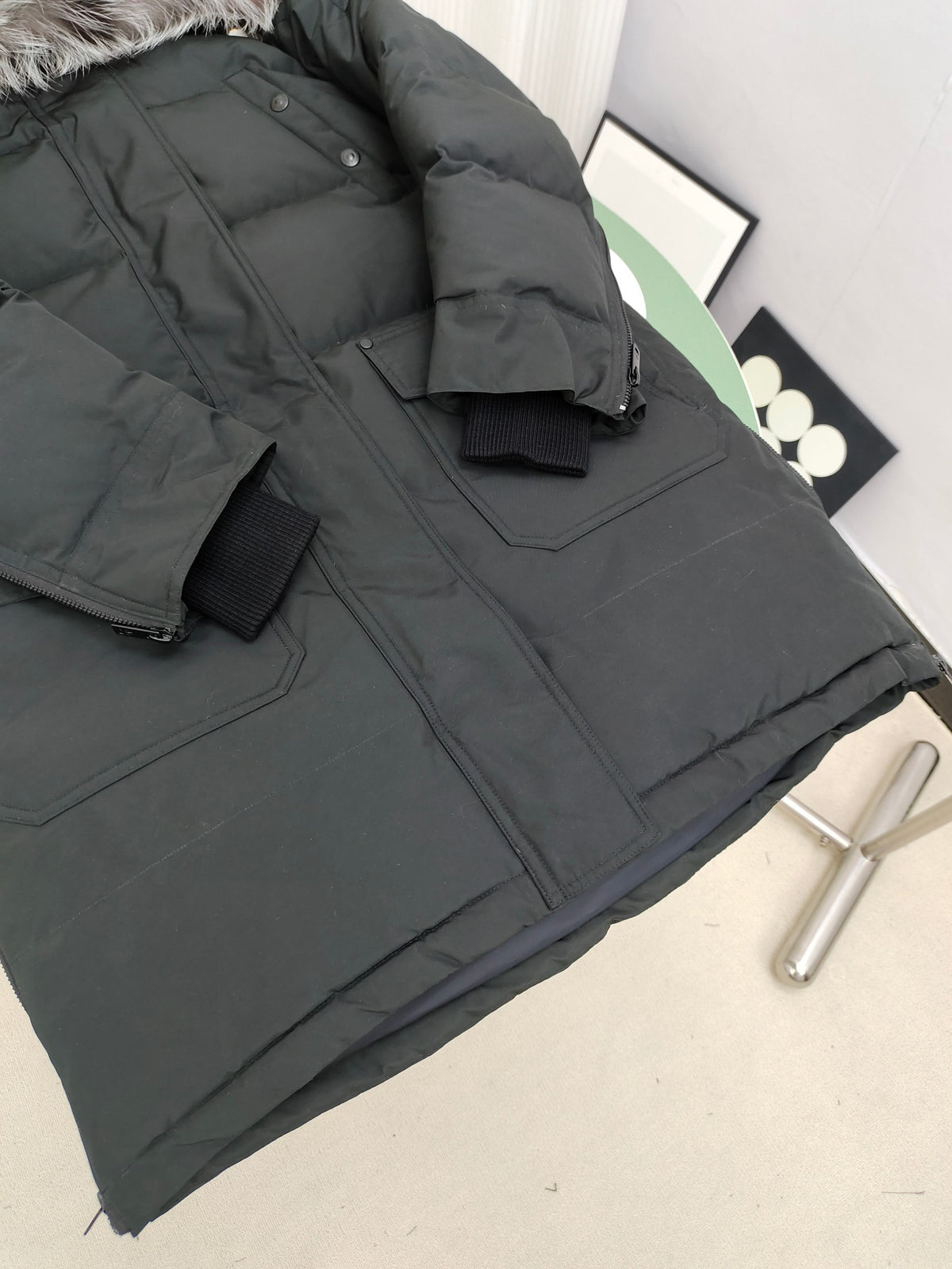 Moose Knuckles Charcoal Gray Fur-Trim Hooded Long Puffer Coat
