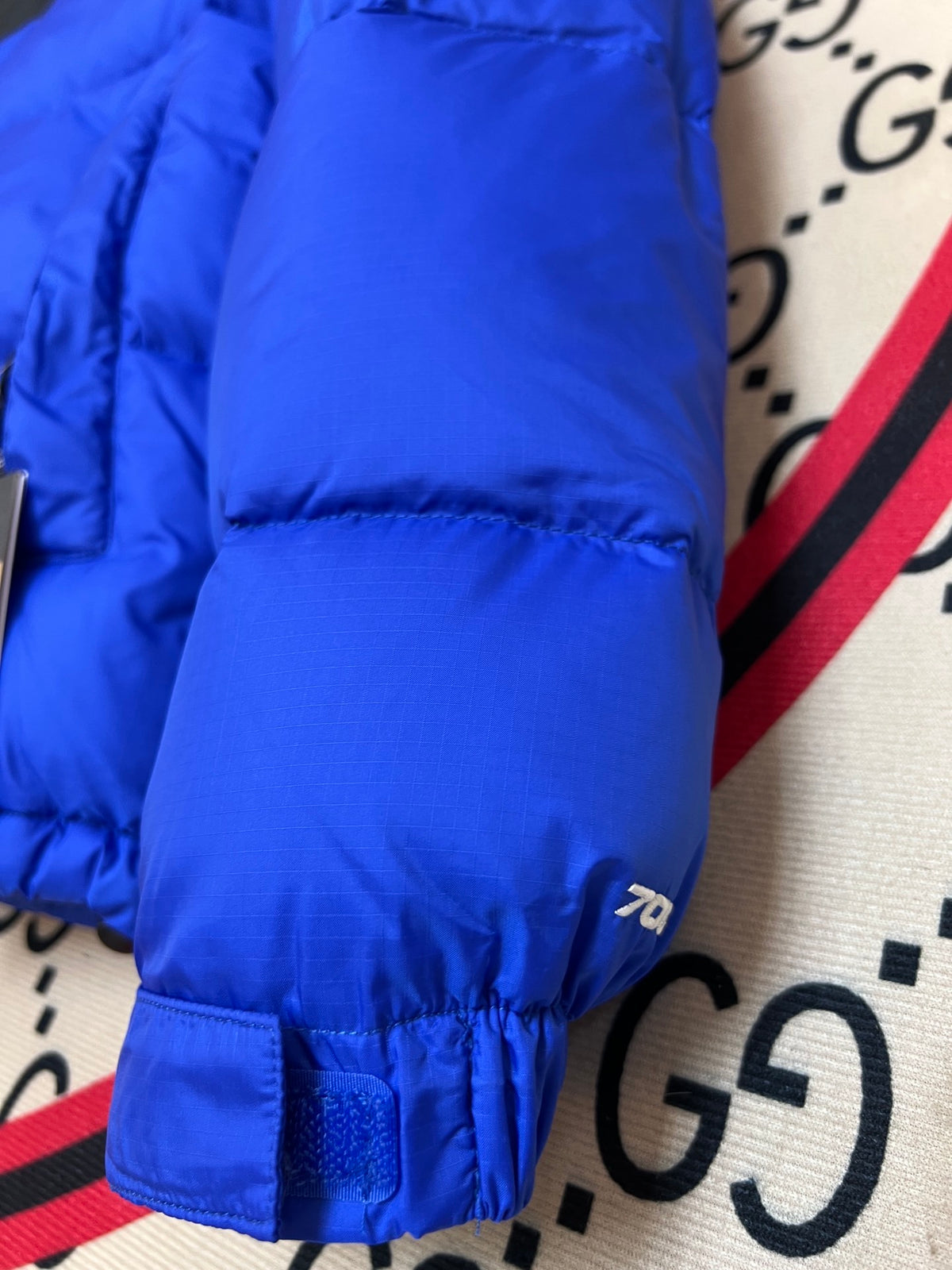 The North Face Royal Blue and Black Colorblock Stand Collar Puffer Jacket