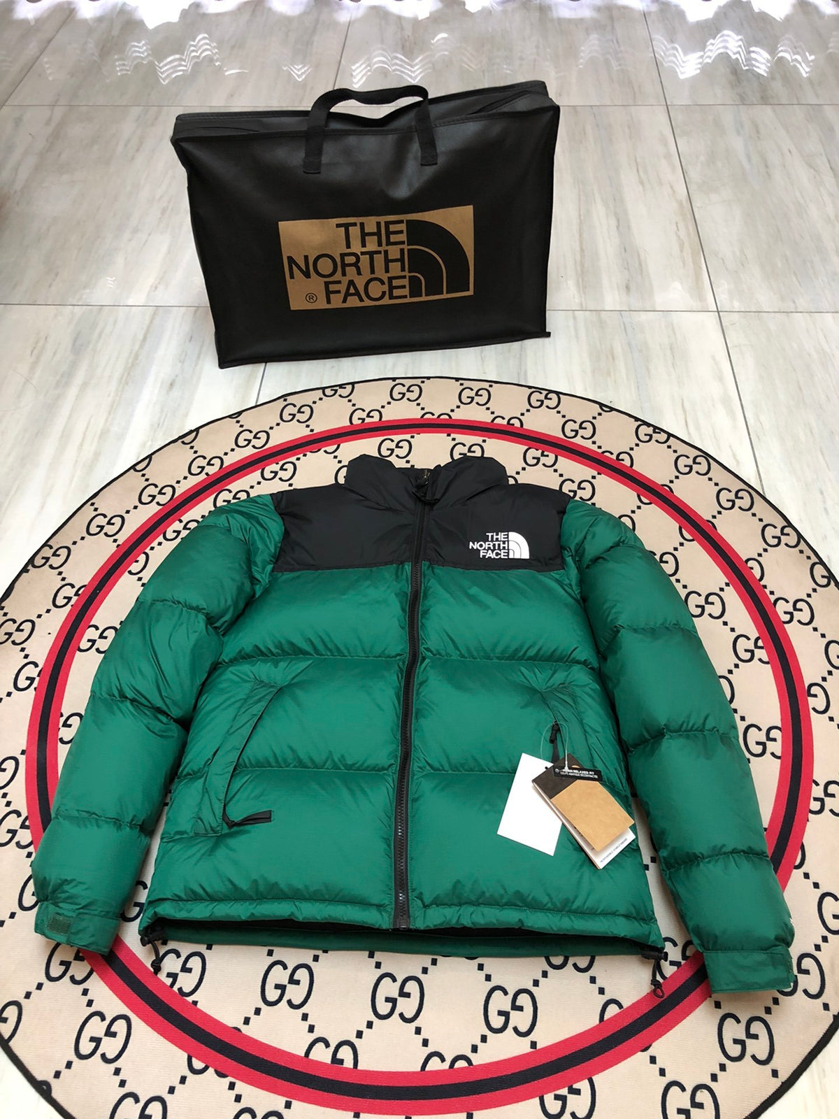The North Face Emerald Green and Black Colorblock Stand Collar Puffer Jacket