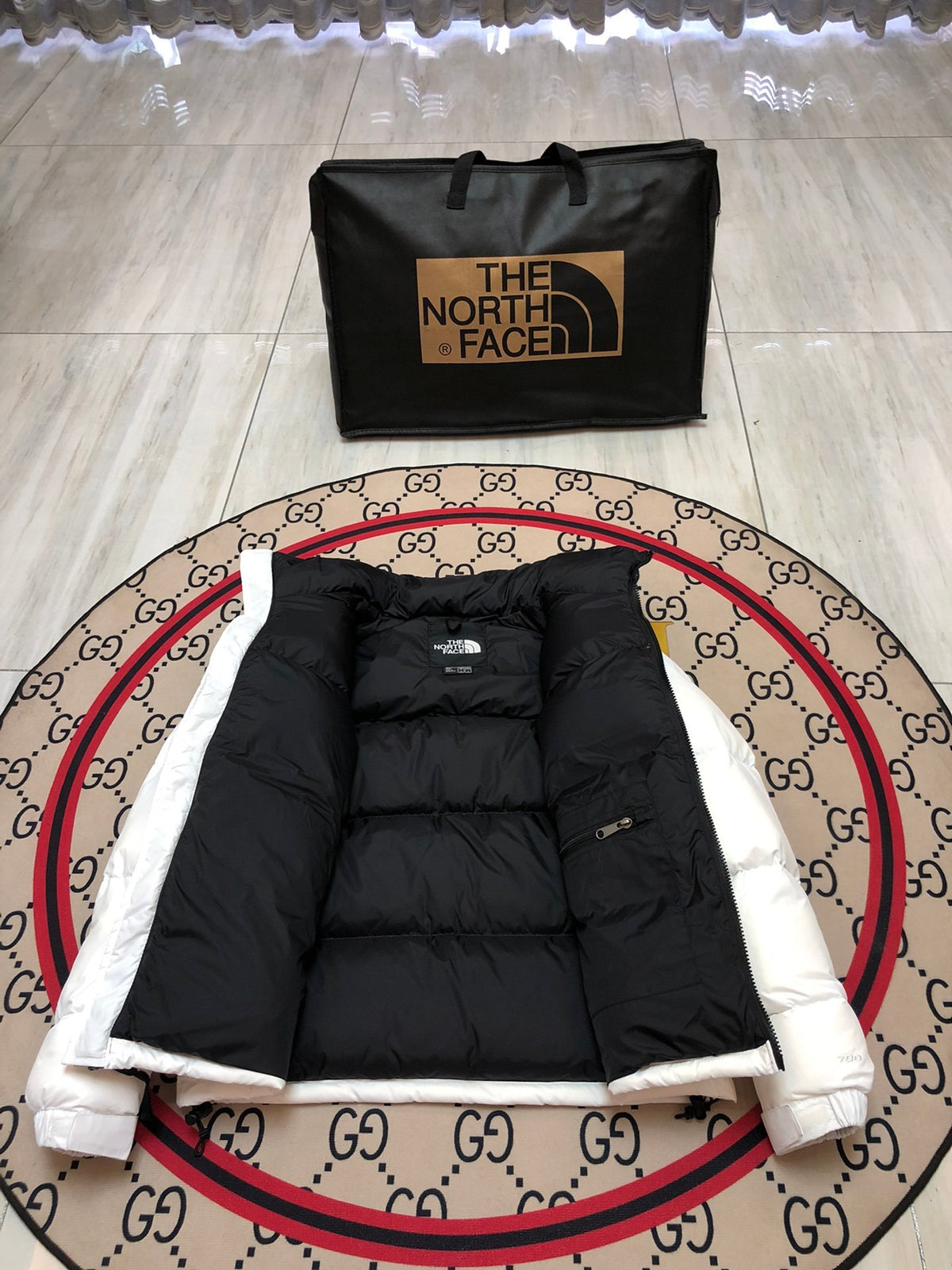 The North Face White and Black Colorblock Stand Collar Puffer Jacket