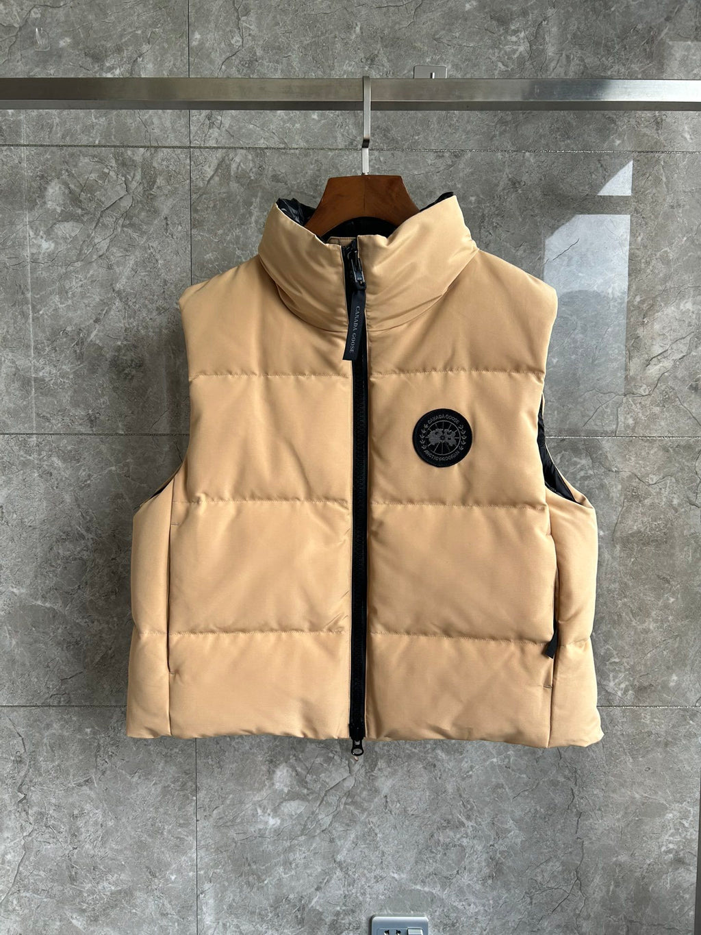 Canada Goose Sand Beige Black Badge Quilted Puffer Vest
