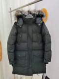 Moose Knuckles Charcoal Gray Fur-Trim Hooded Long Puffer Coat