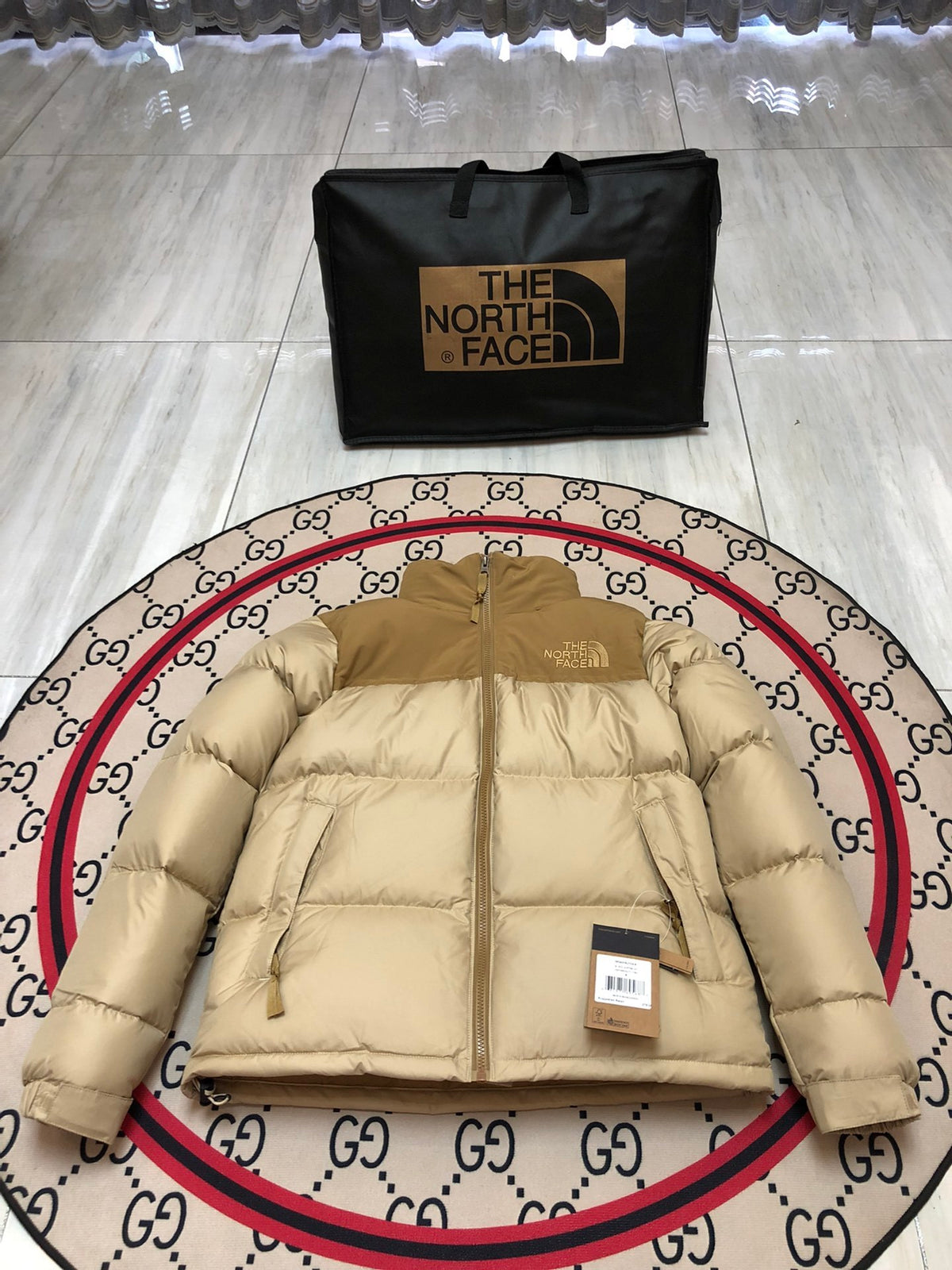 The North Face Sand Beige and Tan Colorblock Stand Collar Puffer Jacket