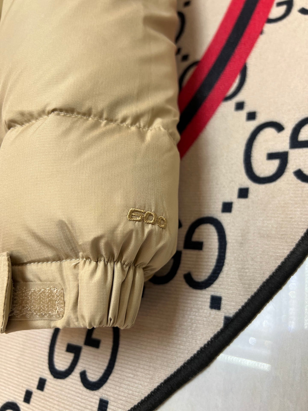 The North Face Sand Beige and Tan Colorblock Stand Collar Puffer Jacket