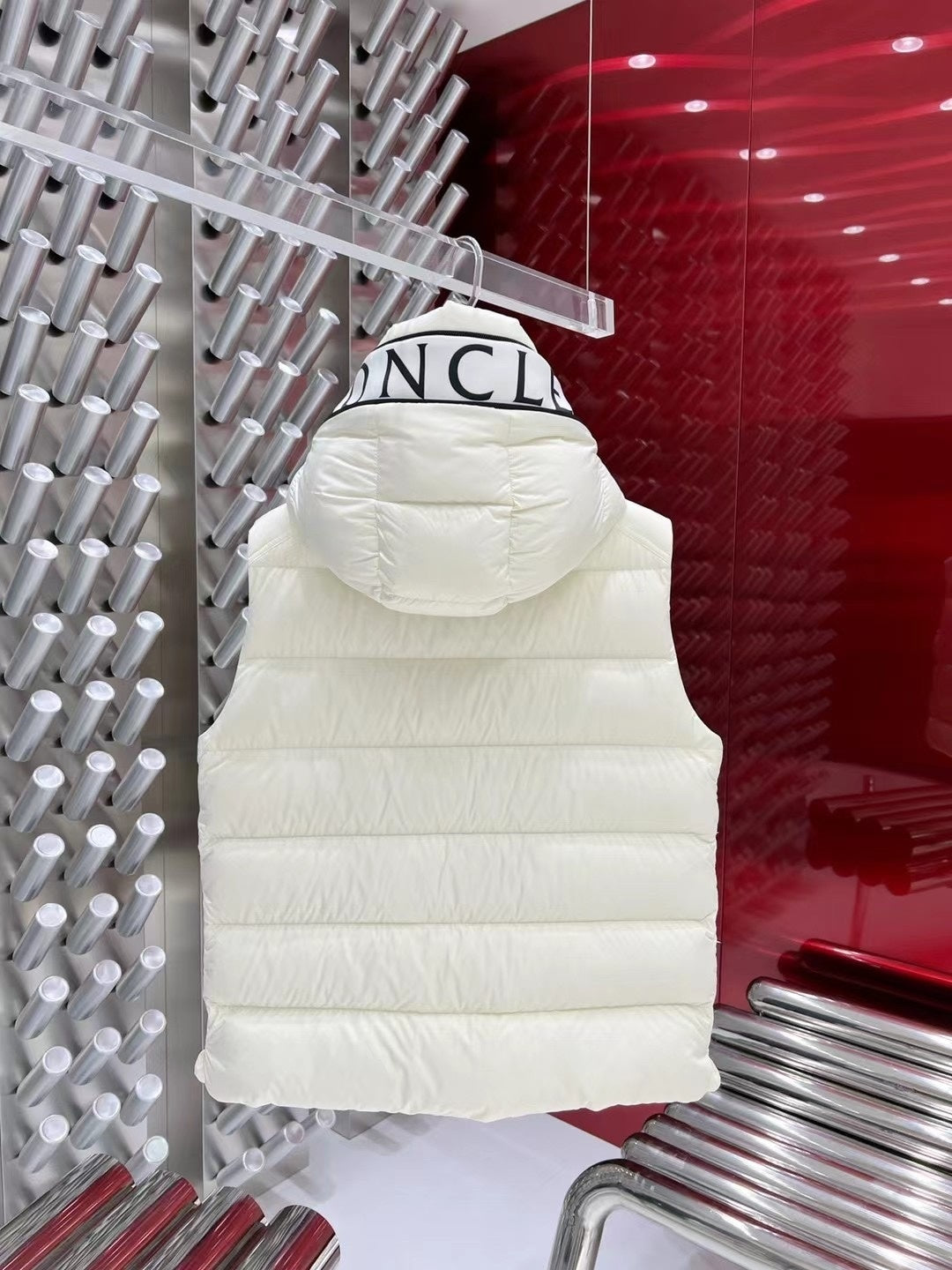Moncler White Logo Hood Quilted Puffer Vest