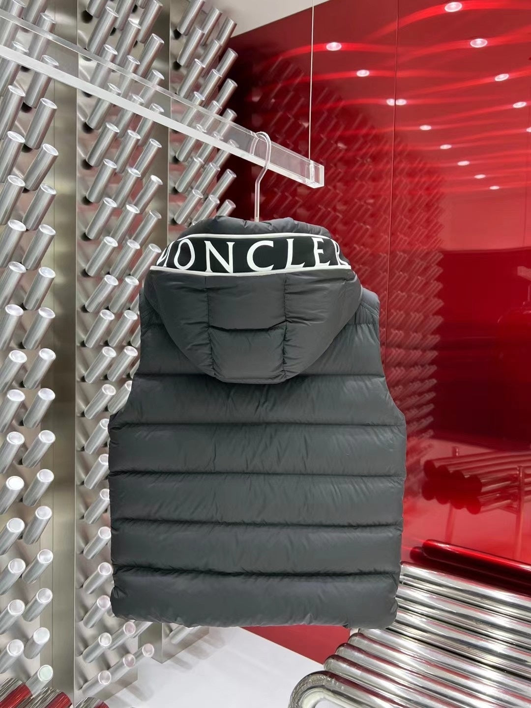 Moncler Charcoal Gray Logo Hood Quilted Puffer Vest