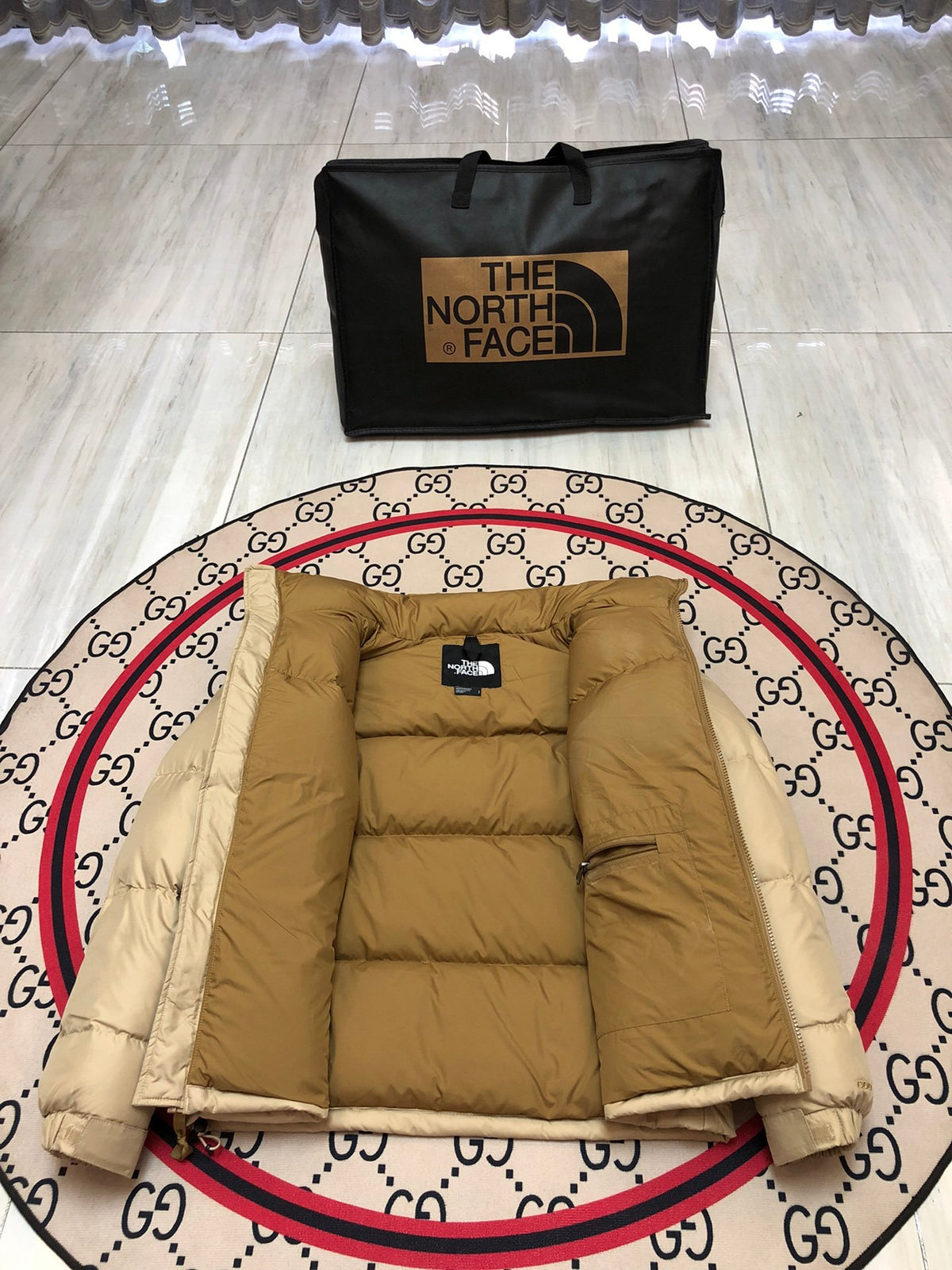 The North Face Sand Beige and Tan Colorblock Stand Collar Puffer Jacket