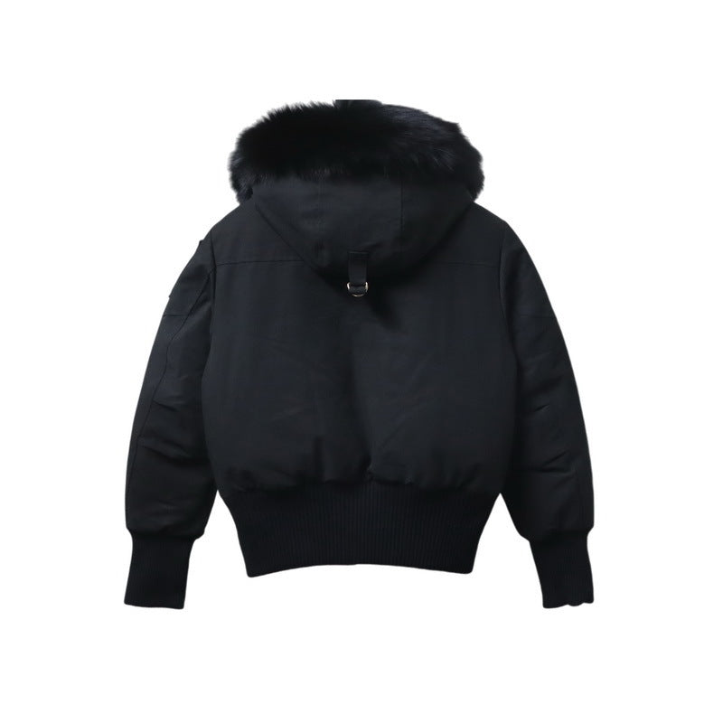 Moose Knuckles Black Pom-Pom Fur-Trim Hooded Bomber Jacket