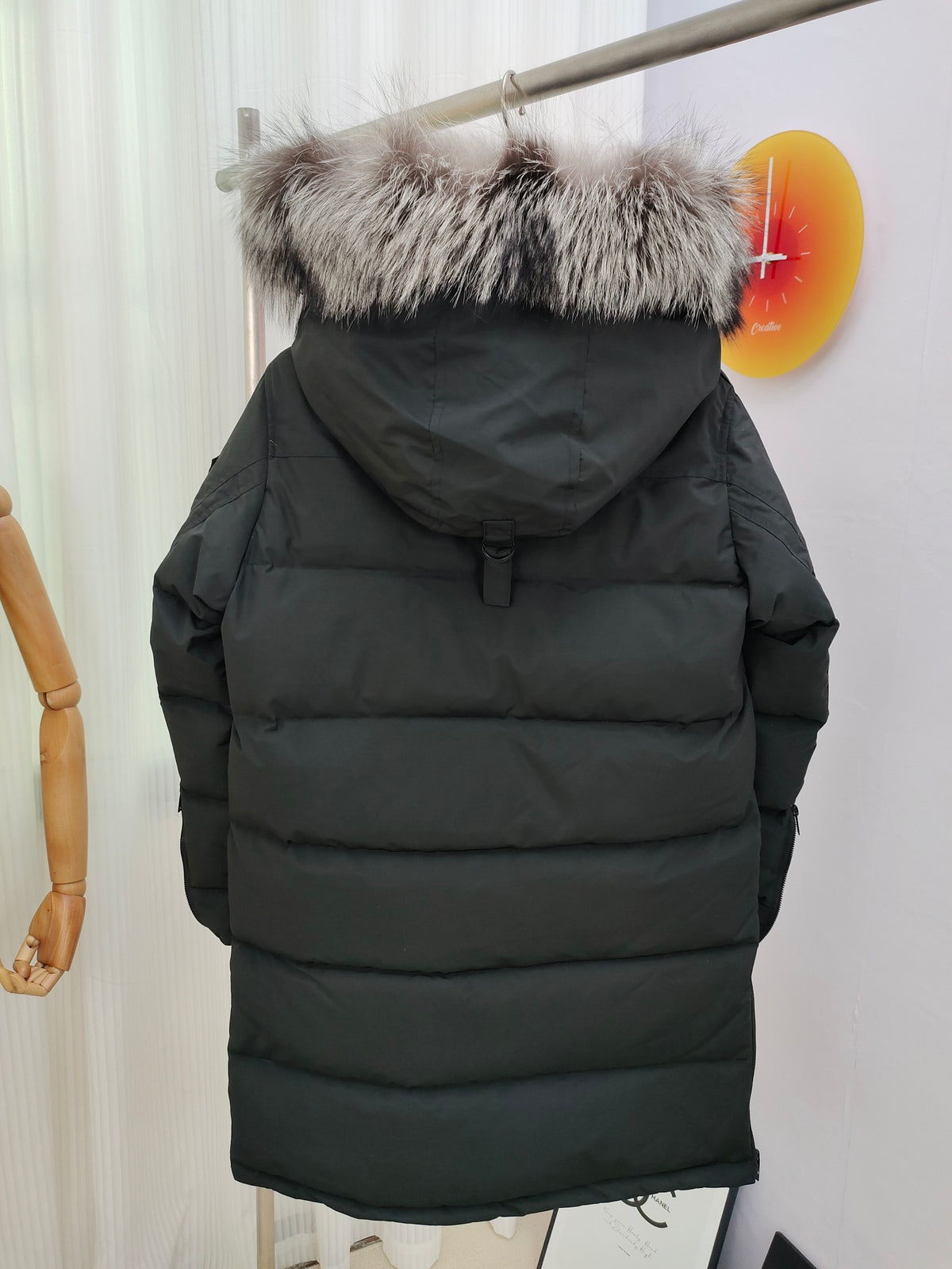 Moose Knuckles Charcoal Gray Fur-Trim Hooded Long Puffer Coat